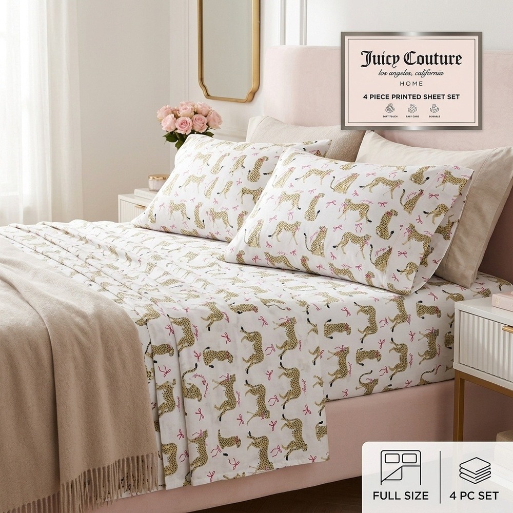 Juicy Couture Home Full Sheet Set 4 Piece Cheetah Pink Bow Print White New
